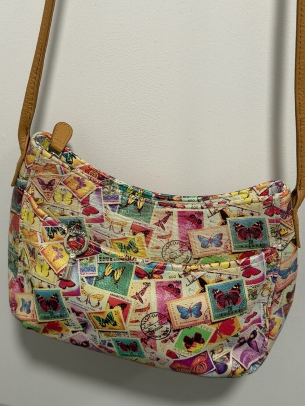 Vintage Fossil Butterfly Stamp Crossbody Bag Handbag Tan Multicolor Leather Y2K - Picture 8 of 10